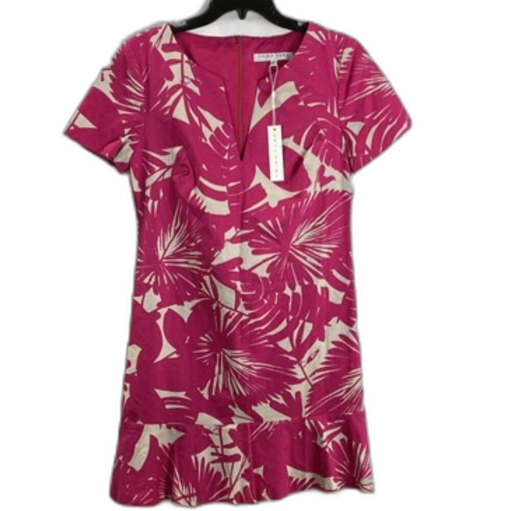 NWT Trina Turk Pink Magenta Tropical Palm Leaf Print Shift Dress V Neck Sz 6